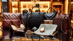 Luxury fashion items arranged elegantly on a polished surface.